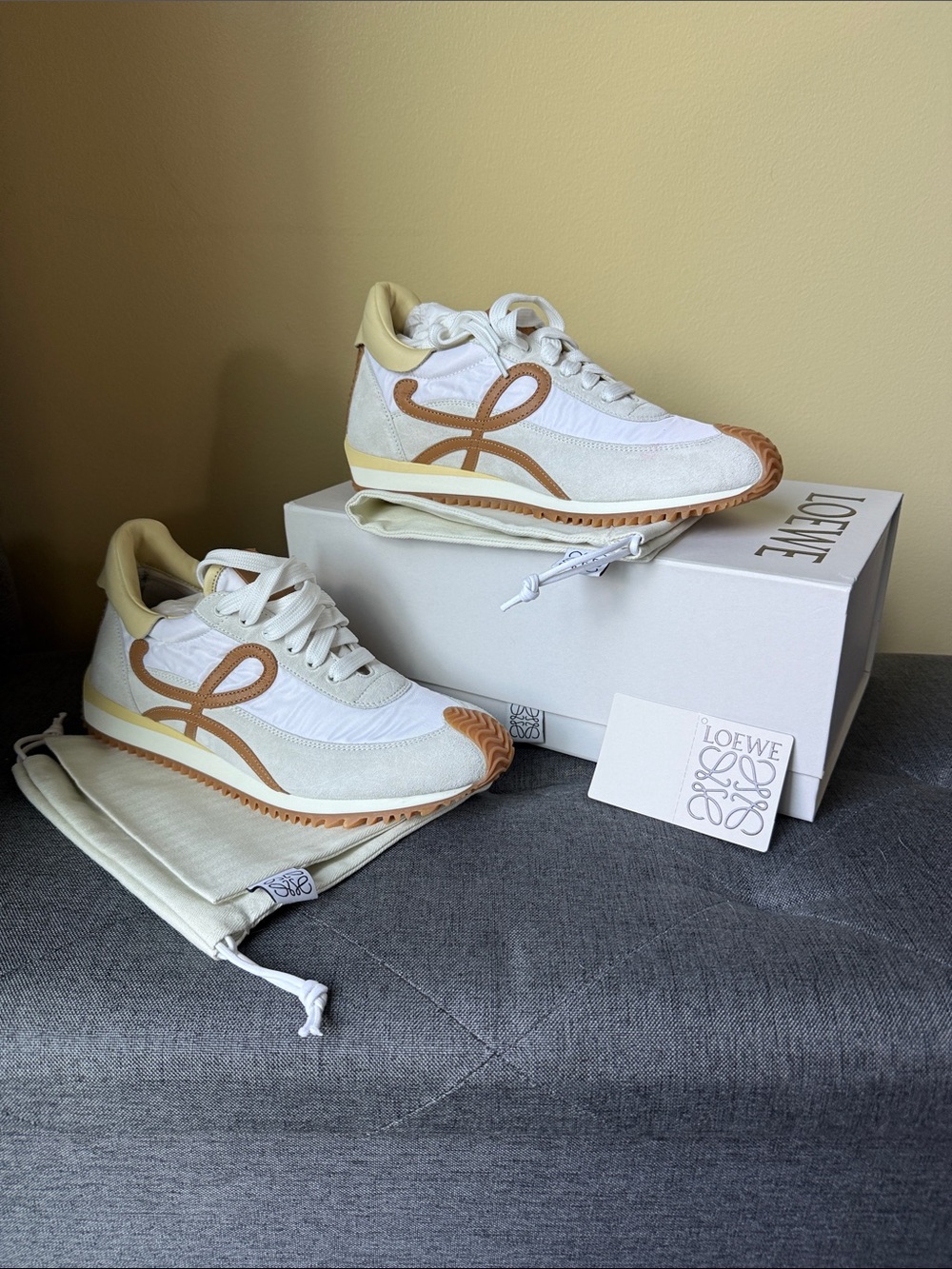 Loewe White Sneakers with Tan & Cream Accents